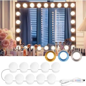 LED Vanity Lights for Mirror, Consciot Hollywood Style with 10 Dimmable Bulbs, Adjustable Color & Brightness, USB Cable, Stick on for Makeup Table Dressing Room Mirror