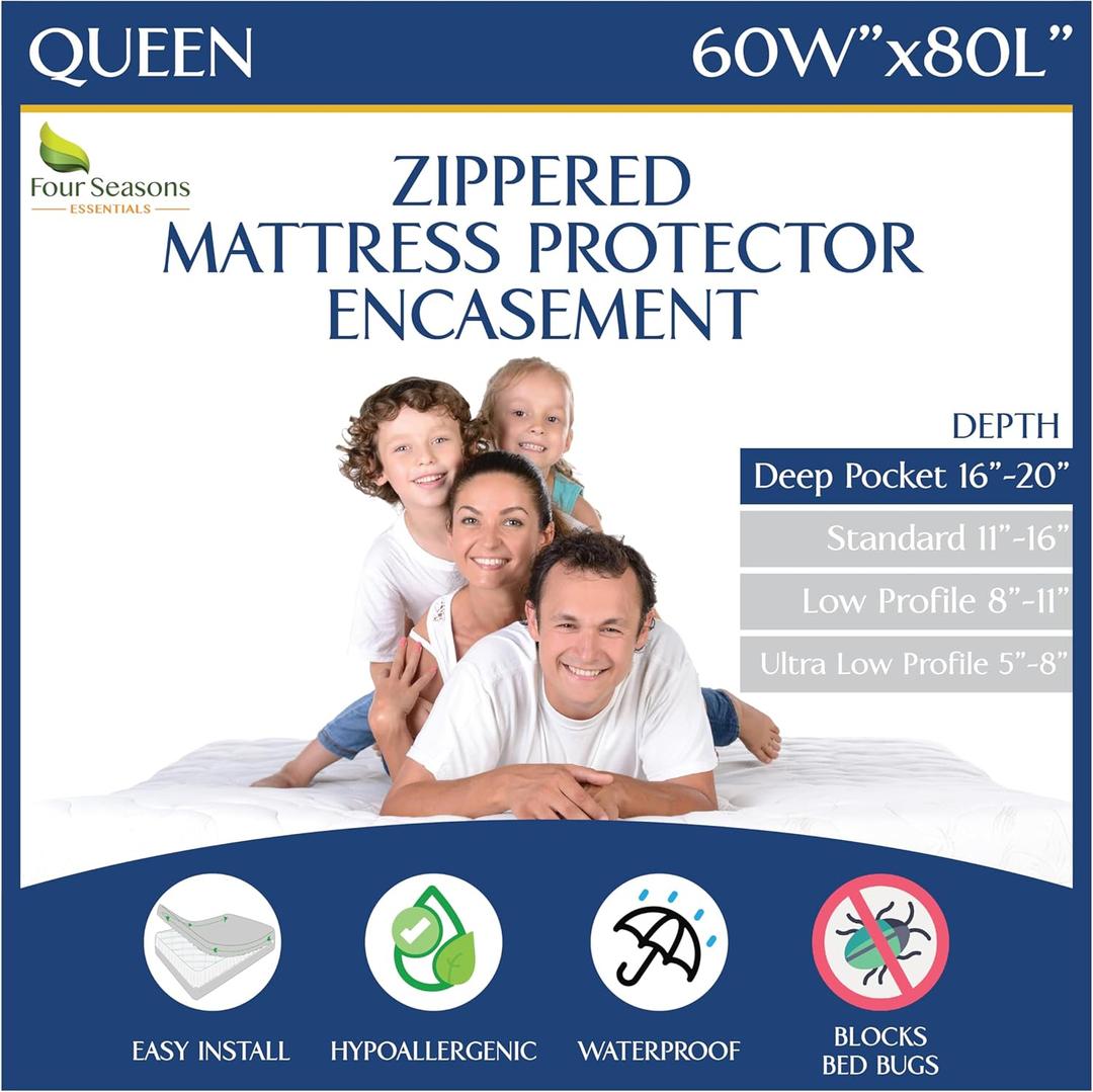 Queen Mattress Protector Bedbug Waterproof Zippered Cover - Deep Pocket Fits up to 20" Depth - Hypoallergenic Premium Quality Encasement Protects Against Dust White
