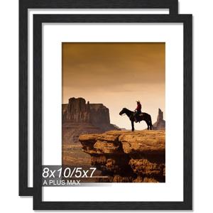 A PLUS MAX 8x10 Picture Frame Set of 2, Black Engineered Wood Frame for 8 x 10 Inch Picture Poster Photo, Light Weight 8 by 10 Frame with Wood-grain for Wall - 2 Pack/Black/8"x10"