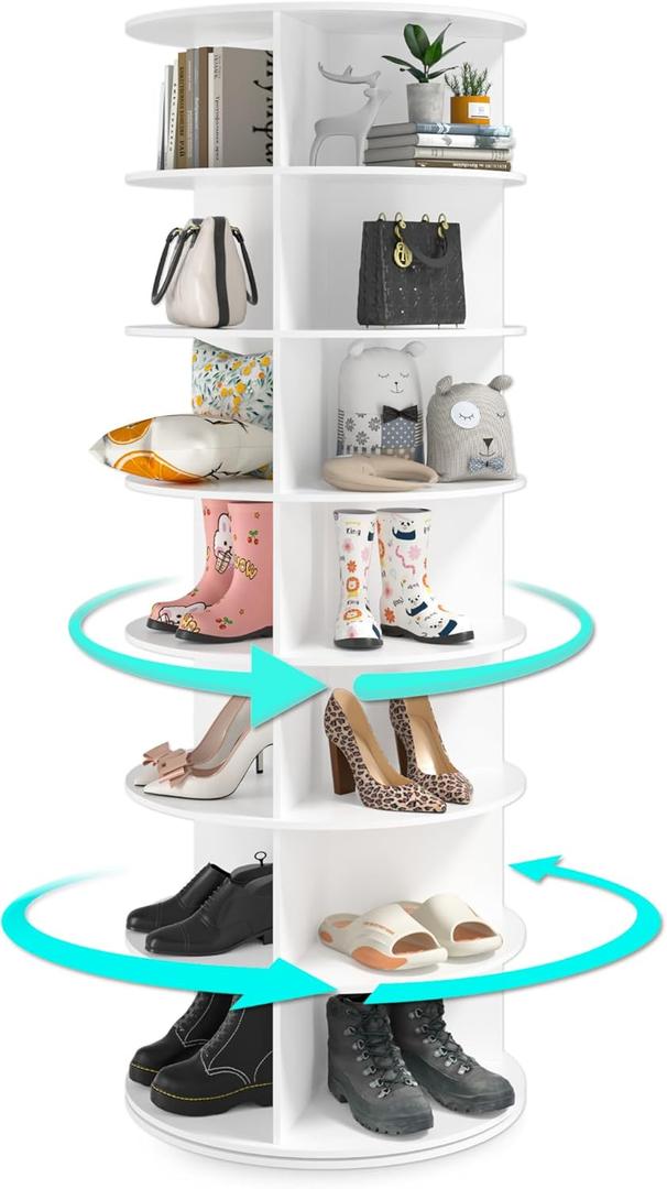 SYIPO 7 Tier Rotating Shoe Rack Tower, New Upgrade 360 Circular - Easily Install, Vertical Handbag White Rotating Shoe Rack Tower | 3 Big Compartments Per