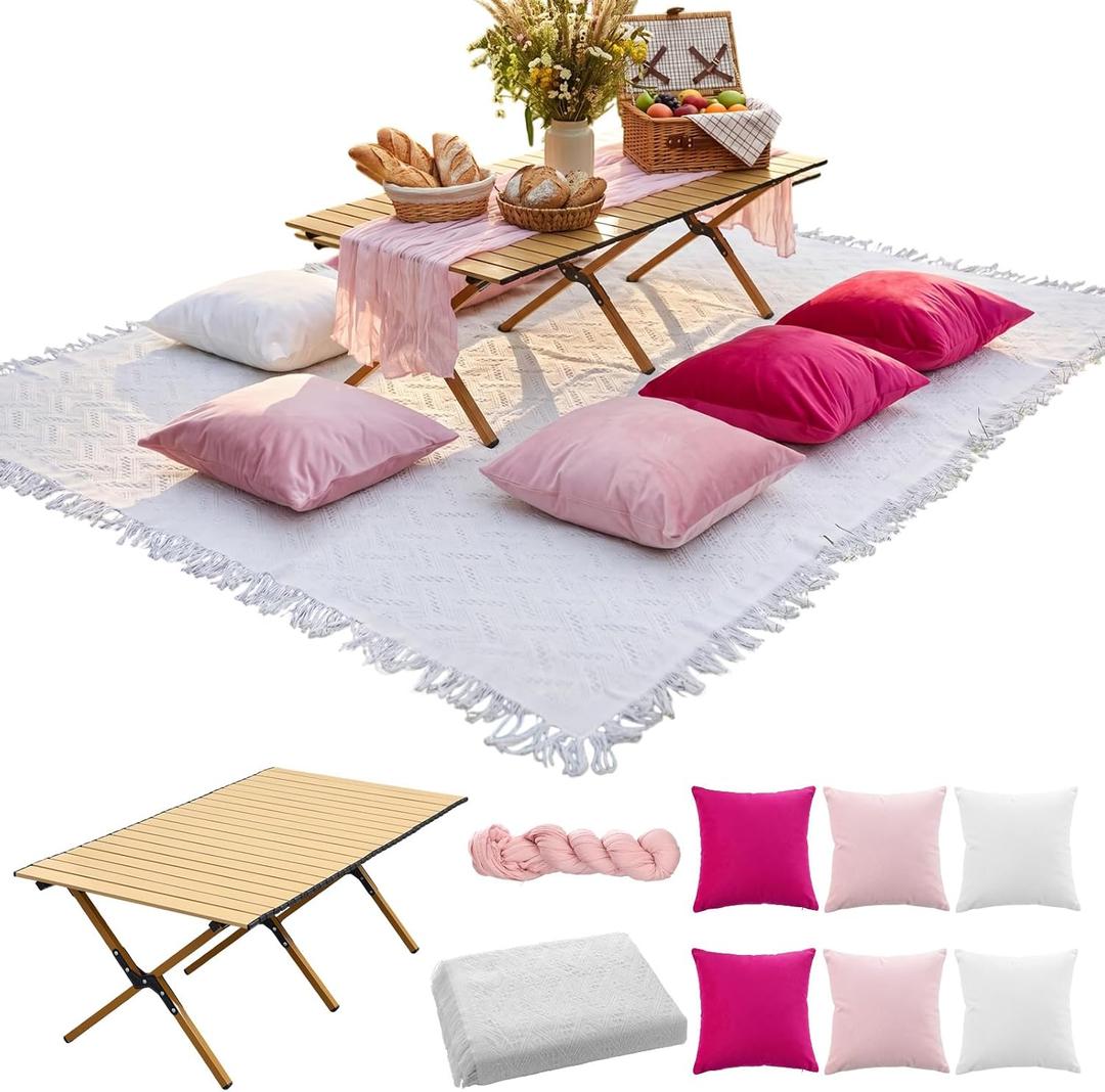 Leinuosen 9 Pcs Boho Picnic Set with Folding Low Picnic Table, 91'' x 71'' Extra Large Outdoor Boho Picnics Blanket, Pink Table Runner & 6 Throw Pillow Covers for Wedding, Party Decor, 23.62 x 47.24 x 16.93 inches