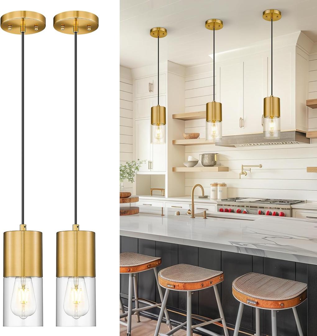 2-Pack Pendant Lights Kitchen Island, Brushed Gold Shade Hanging Lights Fixtures with Cylinder Clear Glass, Brass Kitchen Pendant Lighting Over Island for Dining Room, AD-24023-1P2-GD