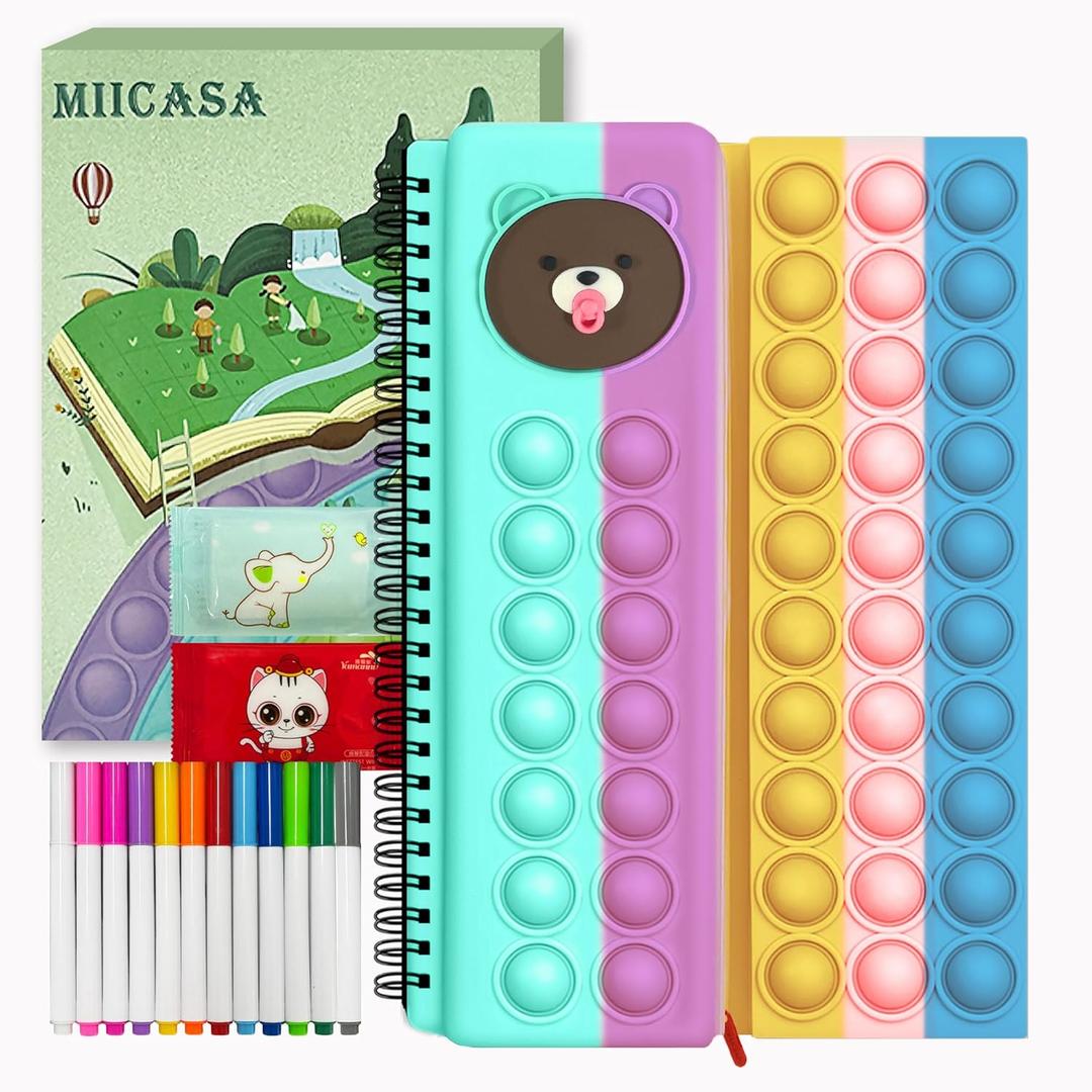 Pop Fidget Erasable Doodle Book,Pop Bubble Fidget Sensory Drawing Book with 12 Watercolor Pens,Car Ride Airplane Activities for Girls Boys Ages 3,4,5,6 (Silicone, Multi Bear)