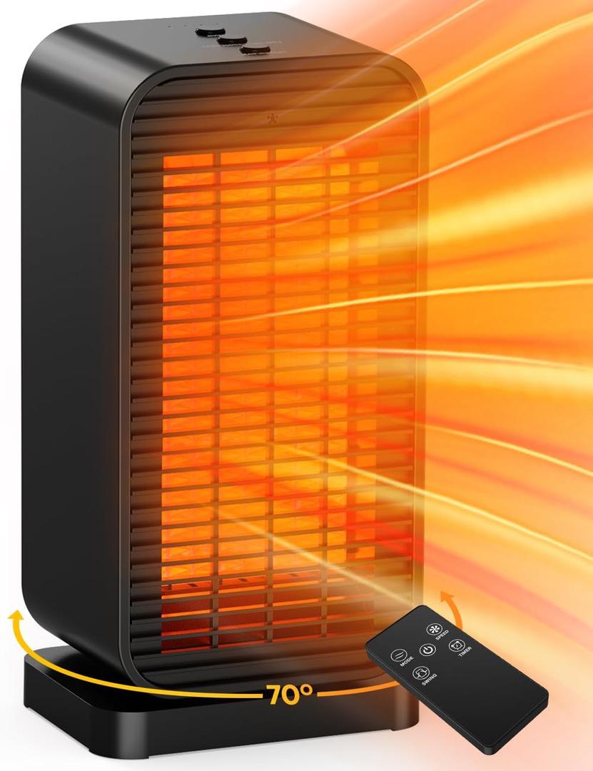BALKO Space Heater, Portable Electric Heaters for Indoor Use with Thermostat, Fan Mode, Remote Control, Tip-over & Overheat Protection, 1500W PTC Ceramic Safety Heaters for Large Room/Office/Bedroom