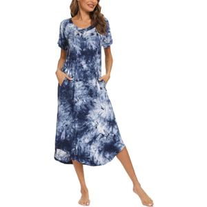 YOZLY Cotton Nightgowns for Women Short Sleeve Long Night Gowns Soft V Neck Sleepwear with Pockets (Blue, M)