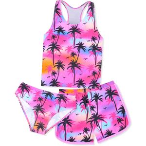 Sylfairy Girls 3 Piece Bathing Suit Summer UPF 50+ Racerback Swimsuit with Shorts Beach Tankini Sets 8-15 Years (Coconut Palm)