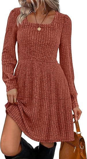 Sampeel Womens Square Neck Long Sleeve Fall Dresses Casual Babydoll Sweater Dress Size, Caramel, L