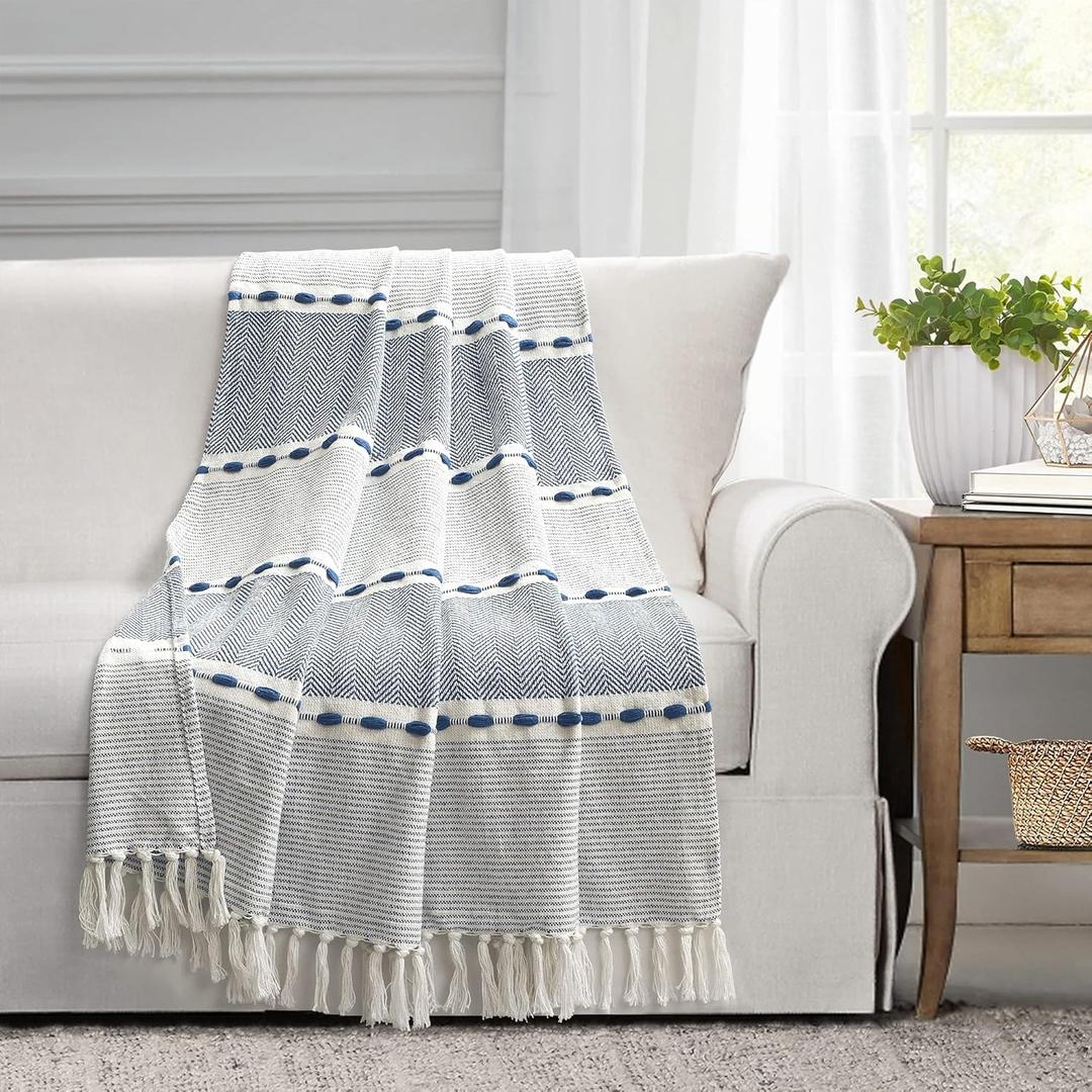 Lush Decor Herringbone Stripe Woven Tassel Yarn Dyed Cotton Tassel Throw Blanket 50" W x 60" L Navy & White - Striped Throw Blankets - Blue Couch Blanket