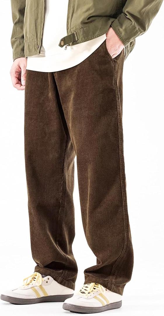PLEPAN Mens Corduroy Pants Baggy Wide Leg Casual Elastic Waist Drawstring Loose Fit Sweatpants (Brown, XXXL)