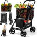 Folding Shopping Cart with Wheels, 2-Tier Portable Grocery Cart