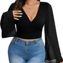 MakeMeChic Women's Plus Size Crop Top Bell Sleeve Top V Neck Wrap Blouse Party Going Out Tops (Black, XXXL)