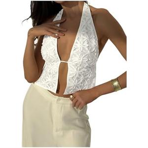 Verdusa Y2K Sexy Halter Top Floral Open Tie Back Going Out Crop Tops M