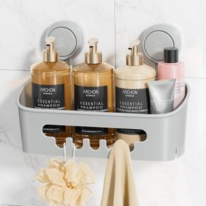 LEVERLOC Shower Caddy Suction Cup, Shower Organizer Removable Bathroom Shelf, Storage Suction Powerful Max Hold 22lbs Bathroom Caddy Waterproof Holder, Gray