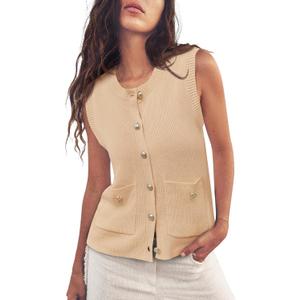 Saodimallsu Womens Summer Cropped Sweater Vest Sleeveless Button Ribbed Knit Crew Neck Cardigan Vests Top with Pockets (Beige)