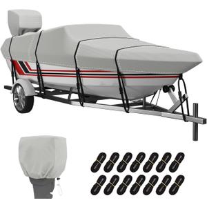 VINPATIO Trailerable Boat Cover, 600D Solution-Dyed Bass Boat Cover, 14-16 ft Heavy Duty 100% Waterproof Boat Covers Fits V-Hull Runabout Fishing Ski Pro-Style Bass Boats, Beam Width up to 68" (Light Gray for V-Hull)