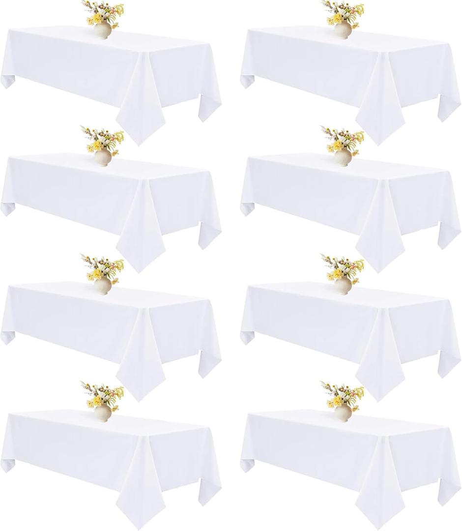 8 Pack 60"x102" White Polyester Tablecloth, Wrinkle & Stain Resistant for Wedding & Home Use