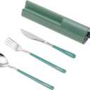Travel Utensils Set, 4pcs Stainless Steel Reusable Cutlery, Portable Silverware Lunch Box for Camping and Office, Include Fork Spoon Knife with Case (Green)