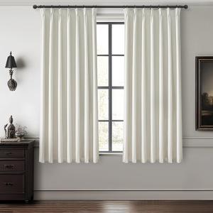 Beige White Pinch Pleated Linen Mini Curtains for Small Window 2 Panels Set, Pretty 100% Blackout Curtains 45 Inches Long Hooks Rings Back Tab for Kitchen Windows Insulated Privacy Drapes (Lightbirch)