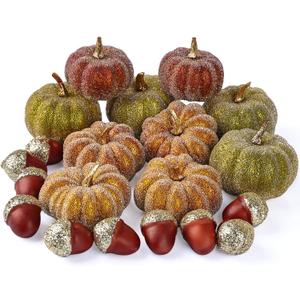 Glitter Mini Pumpkin Decor Indoor 22PCS Halloween Pumpkins for Fall Decorations for Home Fall Centerpieces for Tables Outdoor Harvest Thanksgiving Party/Acorns Autumn Fillers Decor (20 Pcs Green Yellow Orange Pinecones Set)