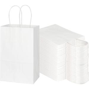Toovip 100 Pack 5.25x3.25x8.25 Inch Small White Kraft Paper Bags with Handles Bulk, Gift Wrap Bags for Favor Grocery Retail Party Birthday Shopping Business Goody Craft Sacks Merchandise Take Out Cub