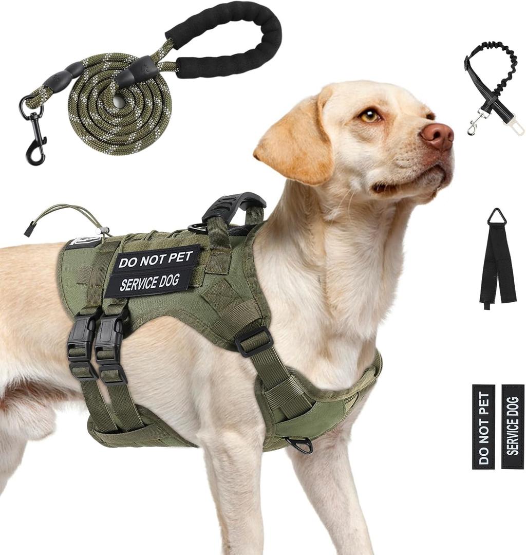 No Pull Tactical Dog Harness for Large Dogs, Escape Proof Molle Dog Vest Harness and Leash Set, Adjustable Military Service Dog Harness with Handle for Medium Large Dogs(Green, L)