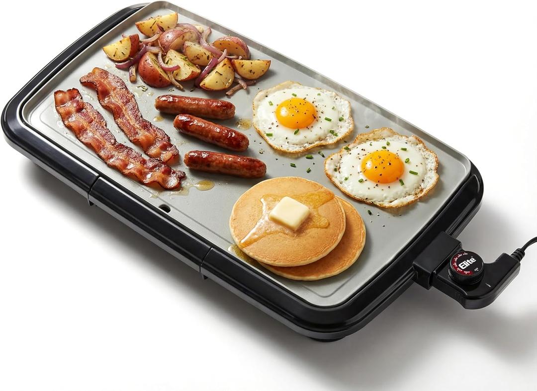 Elite Gourmet 10" x 20", Electric Griddle, Large PFAS-Free Ceralast Ceramic Non-Stick Surface Cool-touch Handles, Removable/Adjustable Thermostat, Easy to Clean Removable Grease Tray, Black/Grey
