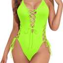 Tempt Me Women Sexy Lace Up One Piece Swimsuit Deep Plunge V Neck High Cut Bathing Suits (Large, Neon Green)