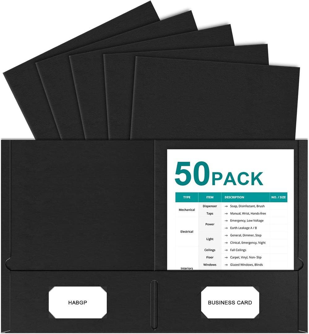 2 x HABGP Two Pocket Folders, 50 Pack 2 Pocket Folders Fit Letter Size Paper, Black Paper File Folders with Pockets for School Office Home Business