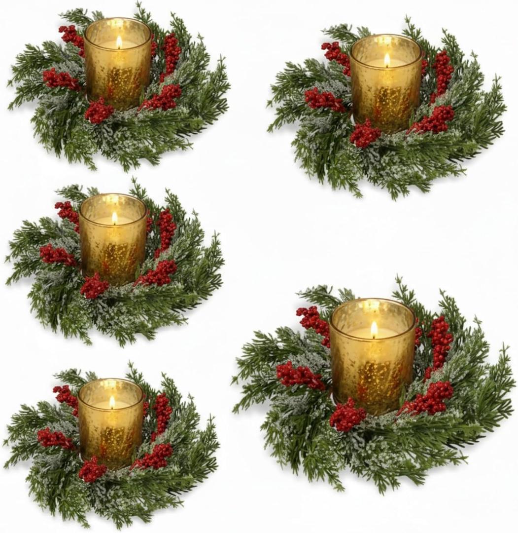 Cinnvoice 4 Pcs Christmas Candle Rings Wreath Artificial Garland with Red Berry Mini Christmas Candle Wreath for Table Centerpiece Home Kitchen Cabinet Windows Front Door Decor (Cypress)