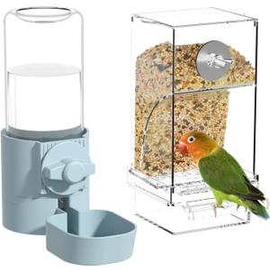BAGHBPM No Mess Bird Feeder Water Dispenser Set, Automatic Parakeet Feeder Cage Accessories, Parrot Transparent Food Container Drinker for Cage, Canaries Budgies Lovebirds Cockatiels Finches (Blue)