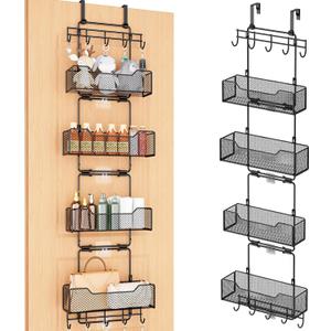 Over The Door Organizer, Adjustable Hanging Door Organizer Storage with 4-Tier Metal Large Capacity Baskets and 10 Hooks, Over The Door Pantry Organizer for Bathroom, Bedroom, Kitchen, Office