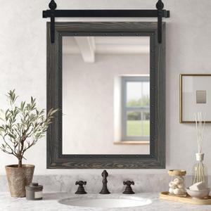 YOSHOOT Farmhouse Barn Door Mirror, 32"x24" Rustic Bathroom Mirror, Wood Frame Wall Mirror, Wooden Mirror for Living Room Bedroom Entryway Wall Dcor, Vertical Hanging ONLY