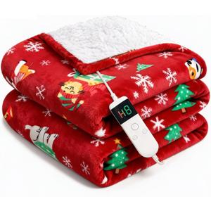 Electric Blanket Heated Throw, Soft Flannel 50"x60" Plaid Heating Blanket with 8 Hours Auto Off 10 Fast Heating Levels Machine Washable Sherpa Heated Blanket with Overheating Protection (Christmas Red)