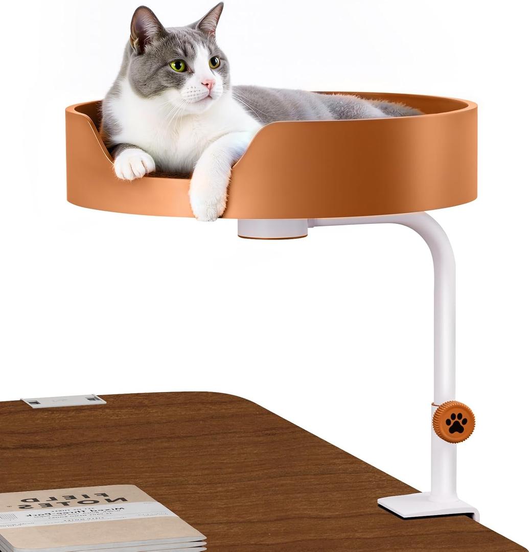 Cat Desk Bed Large Perch Nest with Teaser Easy Install,Space Saving Mount Design,Sturdy Frame,Removable Cushion,Clamp Desktop Attachment Hammock for Home Office,Side Table(White and Coffee)