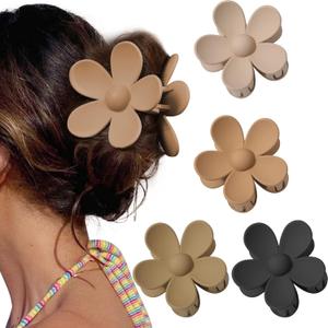 Cute Hair Claw Clips Set - 4Pcs Nonslip Strong Hold 3 Inch Matte Small Flower Clips for Women and Girls (Beige, Khaki, Brown, Black)