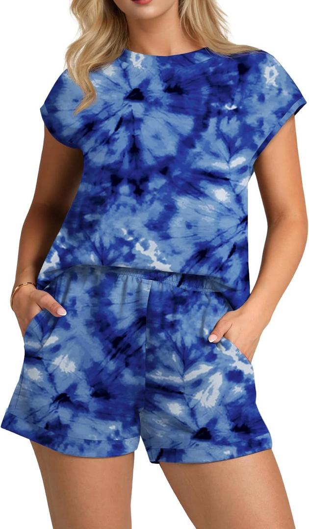 PrinStory 2 Piece Lounge Sets for Women Summer Outfits Short Sleeve Womens Short Sets Casual Matching Set (Blue, L)