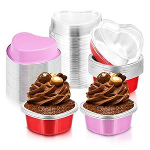 Cunhill Sets Heart Shaped Cake Pans with Lids, 3. 4 Ounces/ 100 ml, Aluminum Foil Mini Disposable Heart Cupcake Pans for Wedding Parties Gift (Red,Pink)25 sets