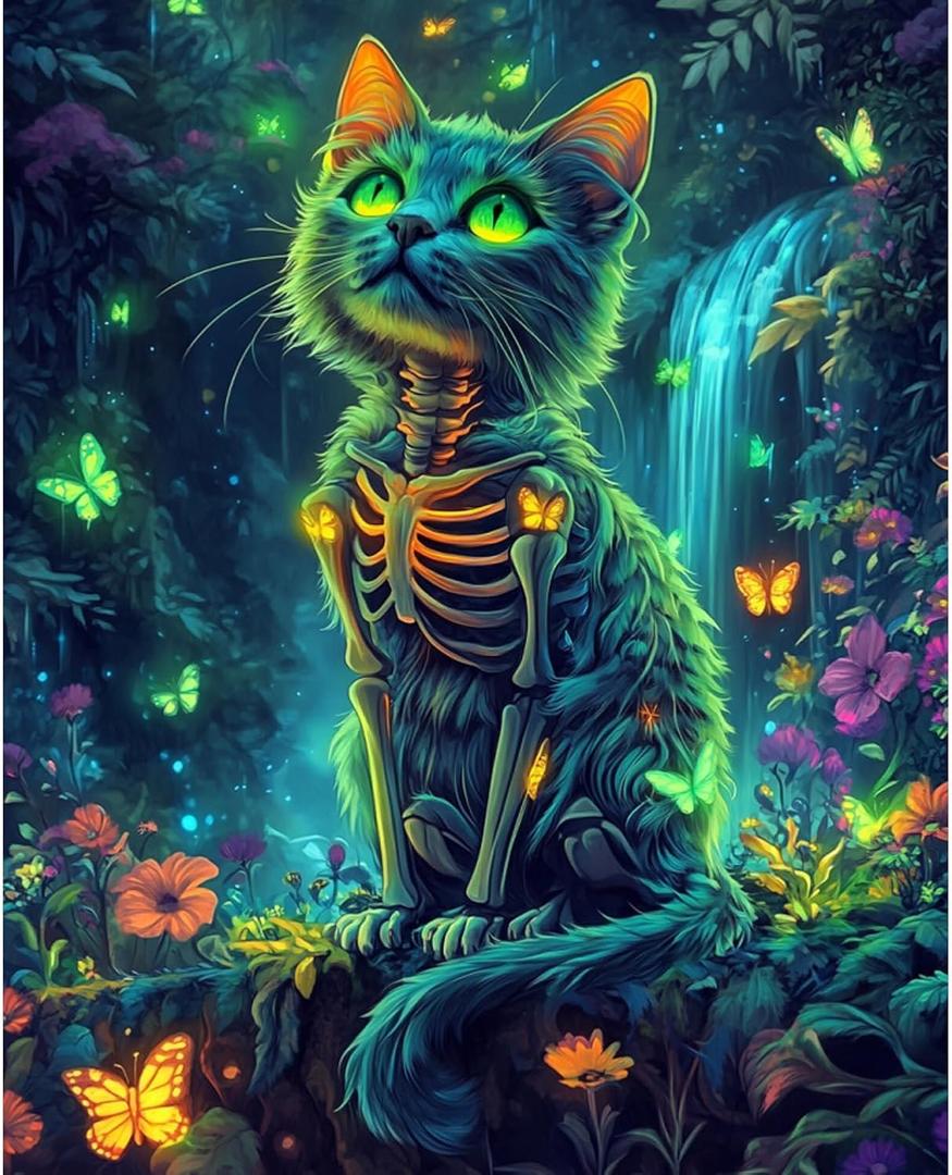 2 x obterie Cat Paint by Numbers Kit for Adults Beginner Skeleton Oil Painting Kit Adult Paint by Number Kits on Canvas DIY Painting for Beginners Art by Numbers for Gifts Home Wall Decor 16x20 Inch (YF038)