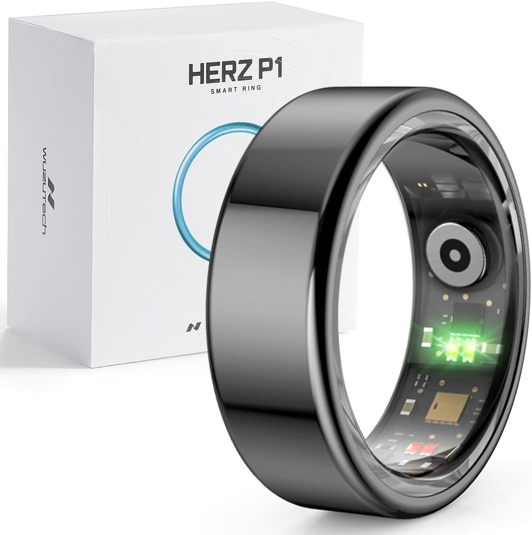 Herz P1 Smart Ring for Women & Men - (Size 10) 24/7 Health Metrics Fitness Ring, Tracks 20+ Biometrics, 6 Day Battery Life, Waterproof Stainless Steel, Free APP for iOS Android, No Subscription (Black)