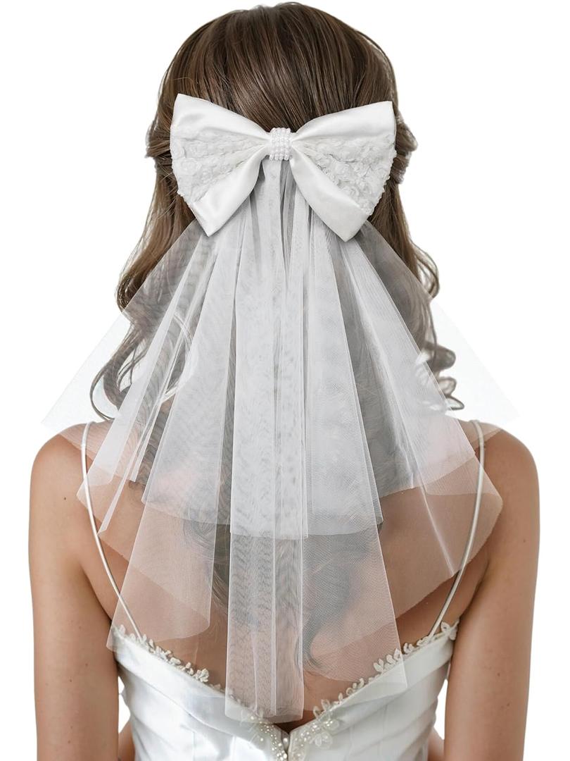 SWEETV Bridal Hair Bow Veil White Bow Clip Bachelorette Party Decorations Pearl Accessories Bride to Be Bridal Shower Gift