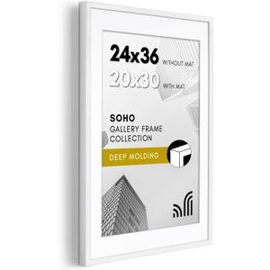 Americanflat 24x36 Poster Frame with Polished Plexiglass - Use as 20x30 Frame with Mat or Display 24x36 Photo Without Mat - Soho Collection - Deep Molding Picture Frames for Wall Display - White