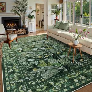 Anidaroel Green Botanical Area Rugs 9x12 Living Room, Washable Large Rugs for Bedroom Non-Slip Soft Modern Rug, Stain Resistant Dining Room Mat Indoor Carpet for Entryway Home Office