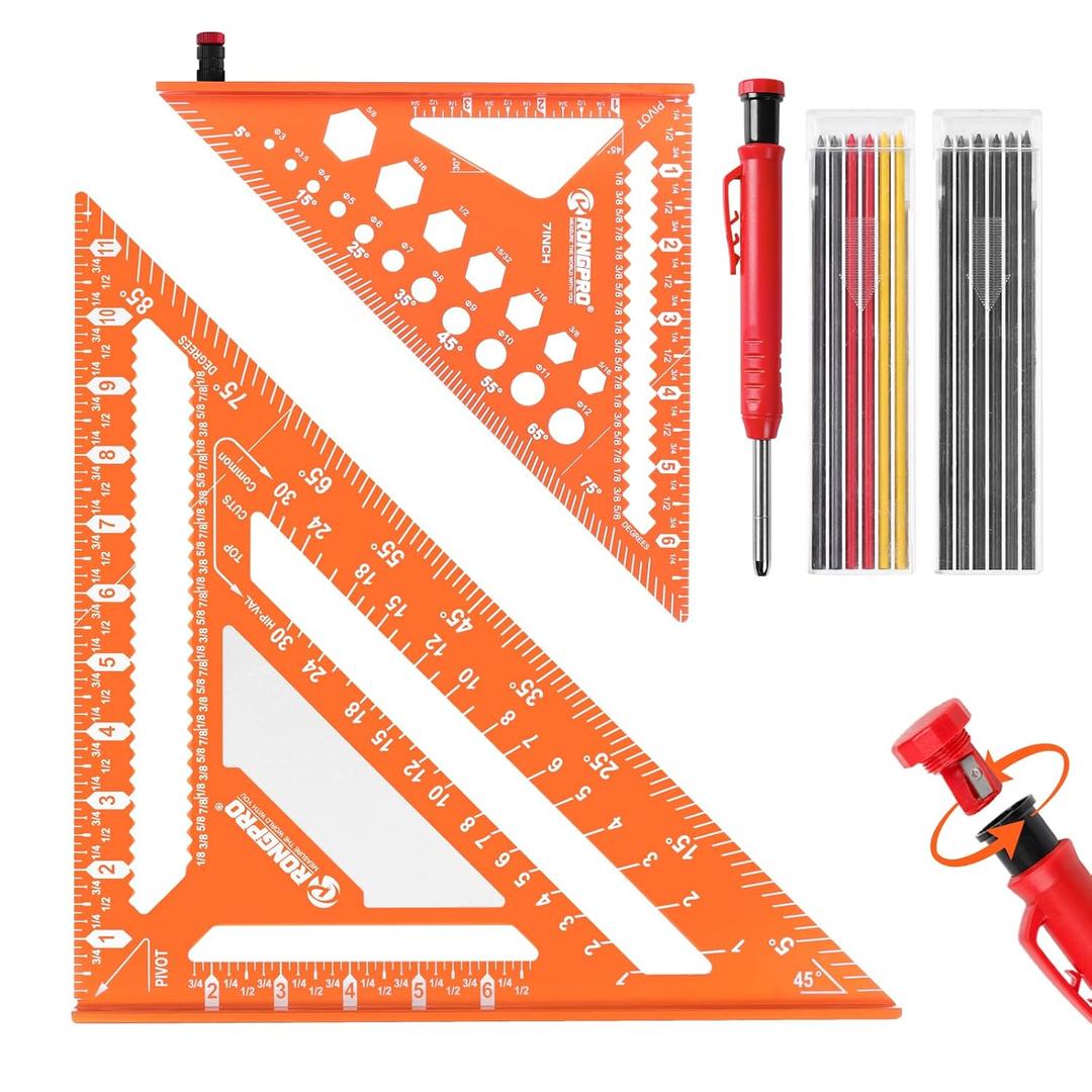 2pcs Rafter Square, 12-inch & 7-inch Carpenter Sqaure Set with Woodworking Pencil, Carpenter Measuring Layout Tool, Aluminum Alloy Triangle Ruler for Woodworking- Imperial