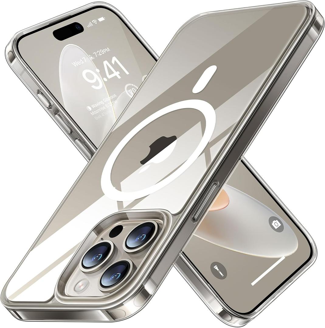 TORRAS Magnetic Shockproof for iPhone 15 Pro Case, [Military-Grade Drop Tested][Compatible with MagSafe] Clear Hard PC Back with Silicone Slim Protective Cover Anti-Fingerprint, Clear