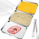 Aemygo 3 Set Stainless Steel Breading Trays Set with Lids, Dust Proof Breading Pans with Tong for Dredging Chicken Breasts，Marinating Meat, Food Prep Trays Oven & Dishwasher Safe