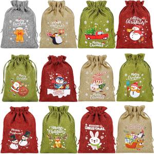 Abuntor 24Pcs Drawstring Christmas Gifts Bags, Small Burlap Gift Sacks For Xmas Holiday Present Wrapping, Christmas Wrapping Bags