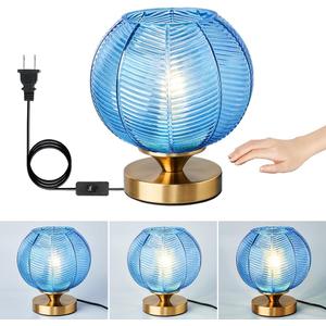 Mid-Century Modern Glass Table Lamp 3 Brightness Levels Dimmable Touch Control Desk Lights with Plug in Cord On/Off Switch, Globe Decor Nightstand Lamps for Bedroom Living Room Office (Blue)