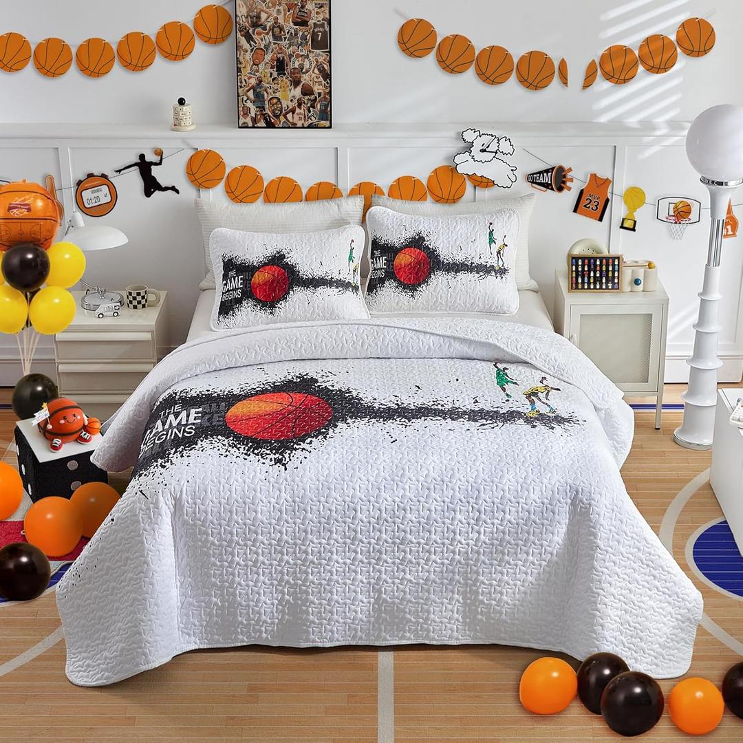 Boys Quilt Set Queen Size for Summer Hot Weather Breathable Skin Friendly Microfiber Teen Kids Quilted Bedding Bedspread Coverlet Set All Season Bed Cover Sport Colorful White Basketball Style (Queen-88*88in)