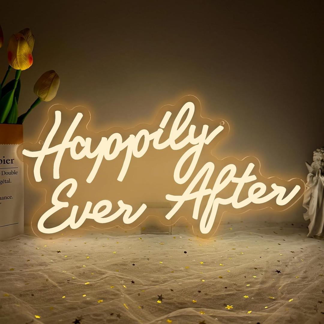 Happily Ever After LED Neon Light Sign, Wedding Neon Led Signs for Bridal Shower Bachelorette Bridal Engagement Party Decorations Wall Decor Lights Valentine's Day Dimmable USB Powered(16.9"*9.1")