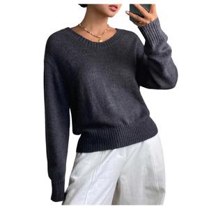 SHENHE Women's Crewneck Sweater Pullover Drop Shoulder Soft Knit Fall Casual Sweater Jumper Dark Grey Medium